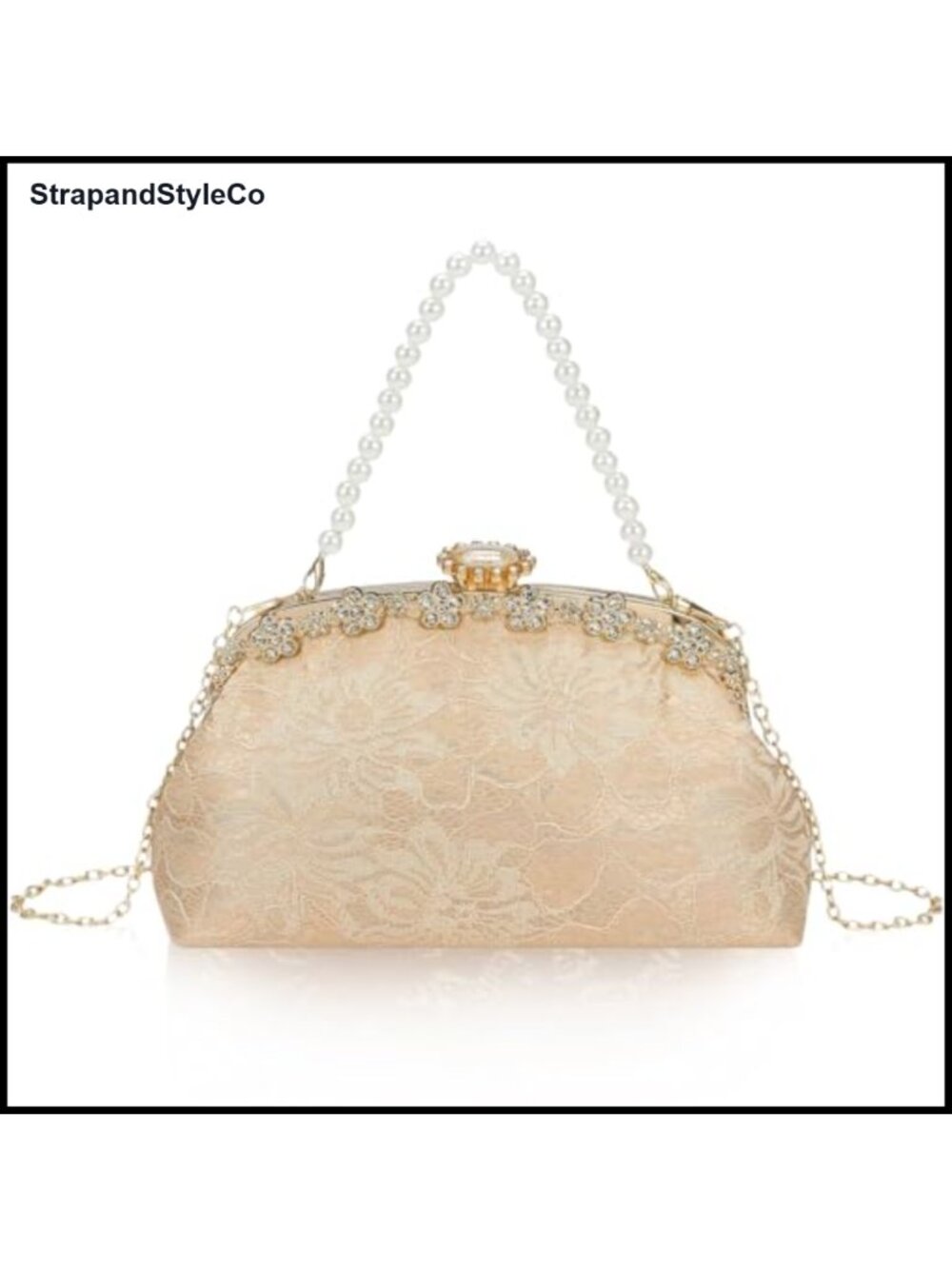 Lace Rhinestone Evening Clutch with Detachable Pearl Chain